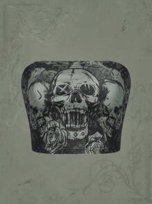 ROMWE Goth 骷髏和花卉印花抹胸上衣 - 綠色 - 查看 1