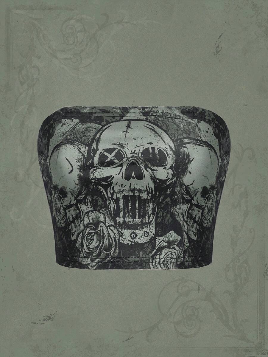 ROMWE Goth 骷髏和花卉印花抹胸上衣 - 綠色 - 查看 1
