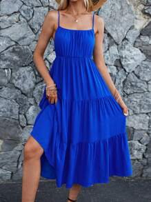 SHEIN LUNE 素色荷葉邊吊帶連衣裙 - 寶藍色 - 查看 2