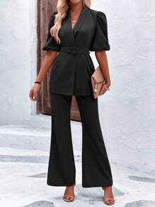 SHEIN LUNE 泡泡袖腰帶西裝外套和喇叭褲 - 黑色 - 查看 1