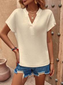 SHEIN LUNE 素色缺口領蝙蝠袖襯衫 - 香檳色 - 查看 6