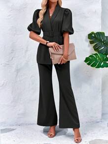 SHEIN LUNE 泡泡袖腰帶西裝外套和喇叭褲 - 黑色 - 查看 5