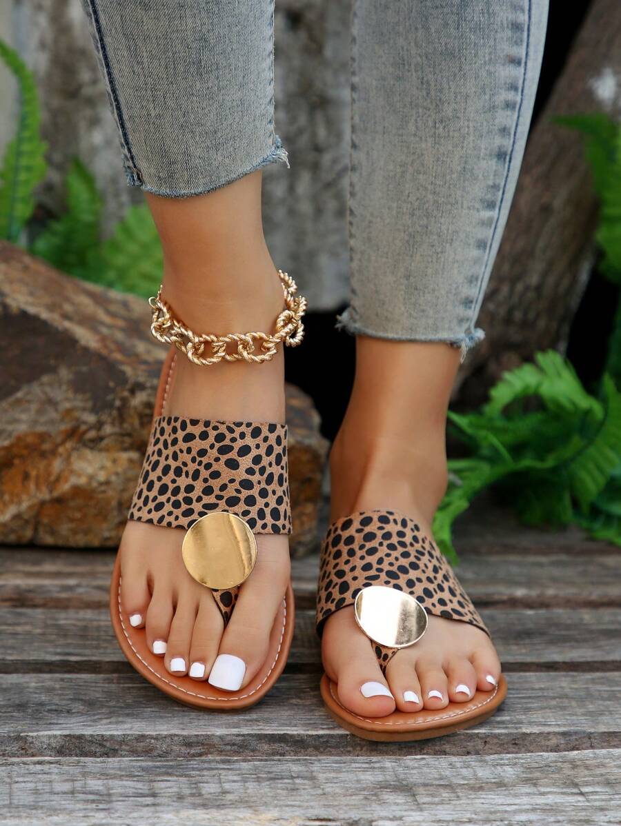 Phụ nữ Leopard Pattern Kim loại trang trí Dép Thong, Dép thời trang - màu nâu - Xem 1