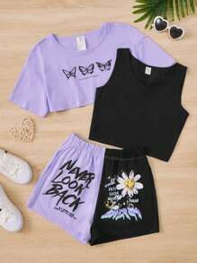 SHEIN Teen Girls Butterfly & Slogan Graphic Tee & Floral Print Tank Top & Shorts