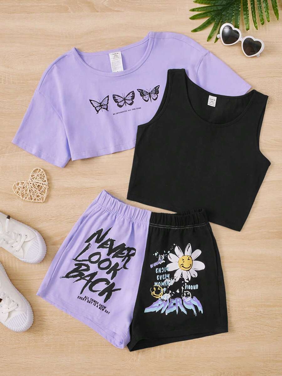 SHEIN Teen Girls Butterfly & Slogan Graphic Tee & Floral Print Tank Top & Shorts