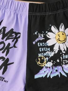 SHEIN Teen Girls Butterfly & Slogan Graphic Tee & Floral Print Tank Top & Shorts