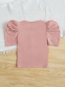 SHEIN Tween Girl Pearls Beaded Puff Sleeve Ribbed Knit Tee - Dusty Pink - View 3