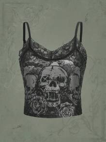 ROMWE Grunge Punk Áo khoác và áo lót dành cho xe tăng nữ Tương phản ren Lễ Các Thánh Giải trí - màu đen - Xem 1