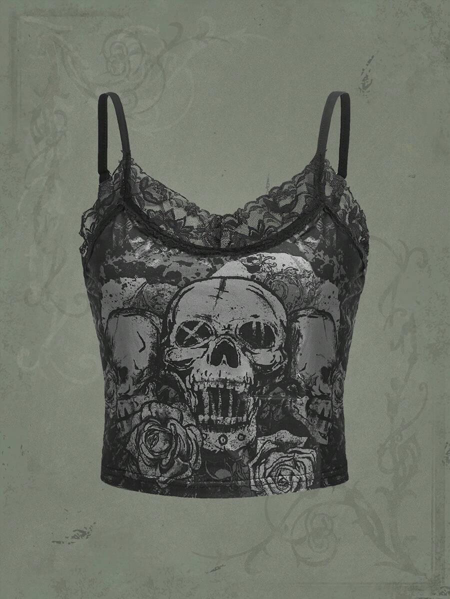 ROMWE Grunge Punk Áo khoác và áo lót dành cho xe tăng nữ Tương phản ren Lễ Các Thánh Giải trí - màu đen - Xem 1