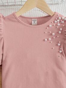 SHEIN Tween Girl Pearls Beaded Puff Sleeve Ribbed Knit Tee - Dusty Pink - View 4