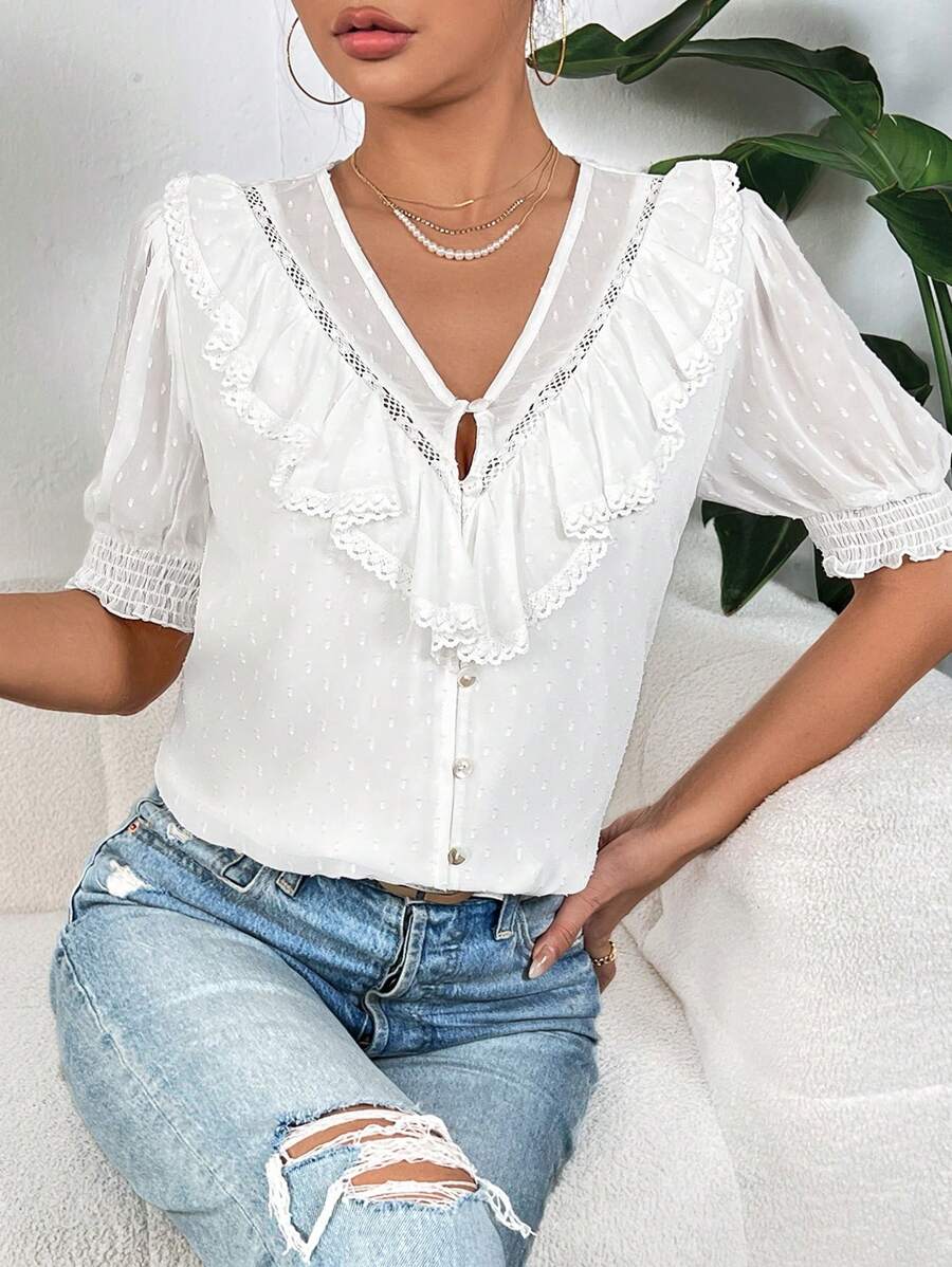 SHEIN Privé Áo sơ mi nữ Xù màu trơn Giải trí - trắng - Xem 1