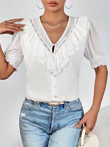 SHEIN Privé Áo sơ mi nữ Xù màu trơn Giải trí - trắng - Xem 5