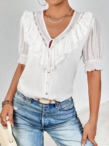 SHEIN Privé Áo sơ mi nữ Xù màu trơn Giải trí - trắng - Xem 6