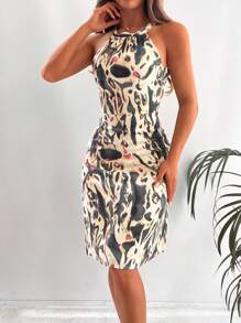 Vestido con estampado de cuello halter - Multicolor - Ver 4