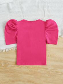 SHEIN Camiseta De Manga Abullonada Con Perlas Y Cuentas Para Niña En Período Preadolescente - Rosa Fucsia - Ver 3