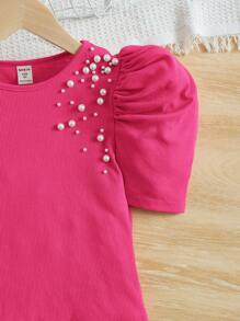 SHEIN Camiseta De Manga Abullonada Con Perlas Y Cuentas Para Niña En Período Preadolescente - Rosa Fucsia - Ver 5