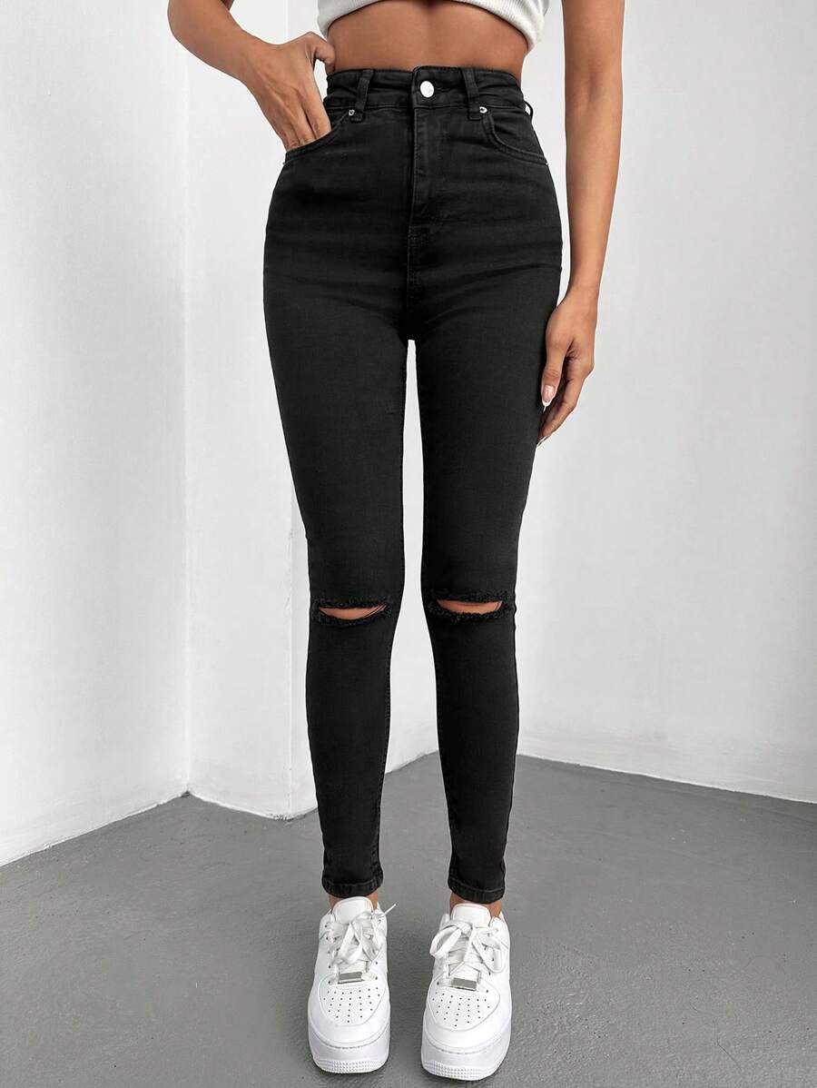 EURMUSE High Waist Ripped Skinny Jeans - Black - View 1