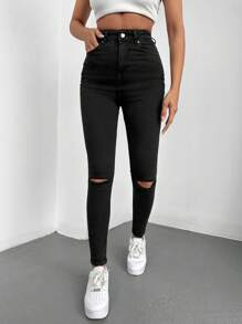 EURMUSE High Waist Ripped Skinny Jeans - Black - View 3