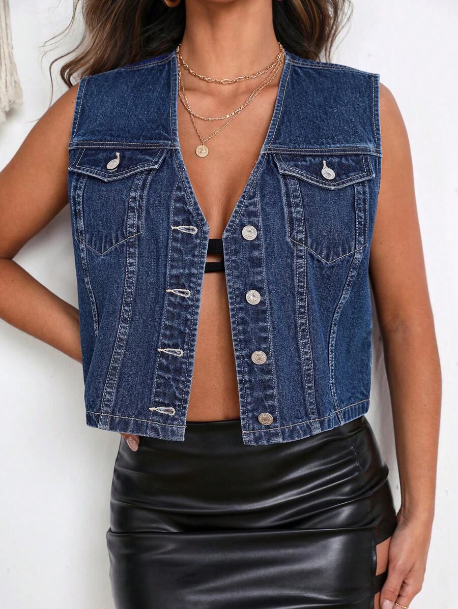 翻蓋口袋前紐扣短款牛仔夾克背心 - 深色水洗藍 - 查看 1