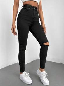 EURMUSE High Waist Ripped Skinny Jeans - Black - View 6