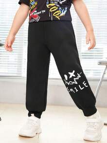 SHEIN Young Boys' Loose Fit Knitted Pants With Emoticon Patterned Elasticized Cuffs - Black - View 5