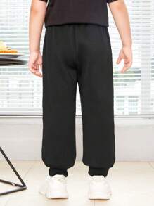 SHEIN Young Boys' Loose Fit Knitted Pants With Emoticon Patterned Elasticized Cuffs - Black - View 2