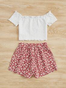 SHEIN Top Schiffy Con Hombros Descubiertos Y Bordes De Ensalada En Contraste Con Shorts De Estampado Floral Para Niña Adolescente