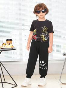 SHEIN Young Boys' Loose Fit Knitted Pants With Emoticon Patterned Elasticized Cuffs - Black - View 3