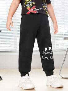 SHEIN Young Boys' Loose Fit Knitted Pants With Emoticon Patterned Elasticized Cuffs - Black - View 4