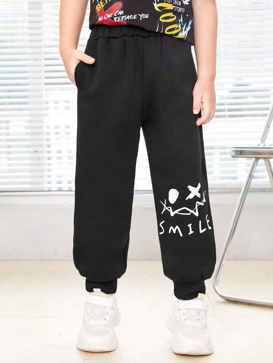 SHEIN Young Boys' Loose Fit Knitted Pants With Emoticon Patterned Elasticized Cuffs - Black - View 1