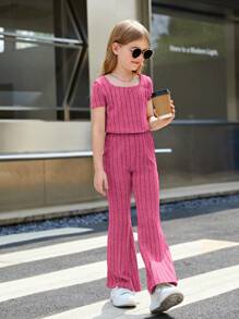 SHEIN Tween Girl Solid Color Casual Knitwear 2pcs/Set, Square Neck T ...