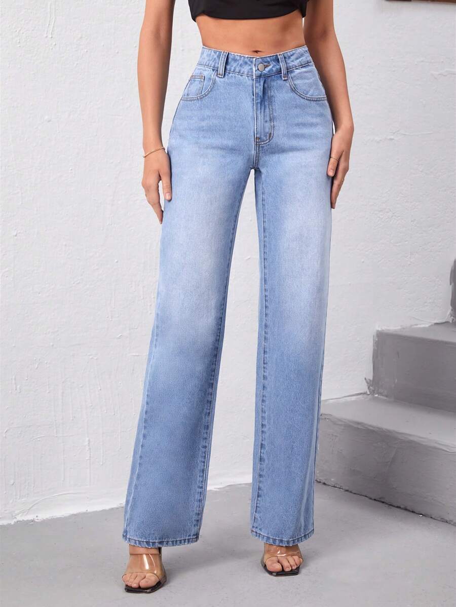 SHEIN Tall 素色直筒牛仔褲 - 淺色水洗藍 - 查看 1