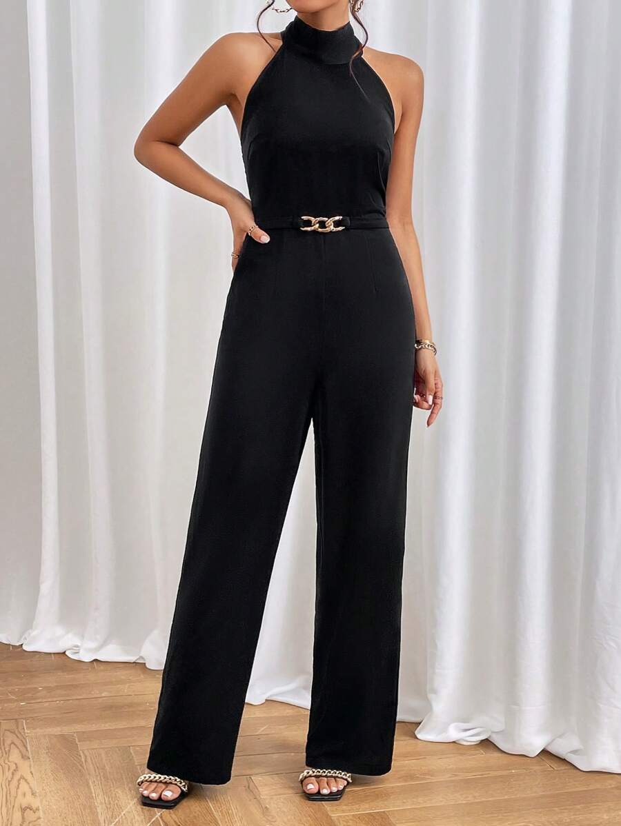 SHEIN Privé 素色繞頸露背連身褲 - 黑色 - 查看 1