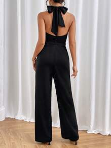 SHEIN Privé 素色繞頸露背連身褲 - 黑色 - 查看 2