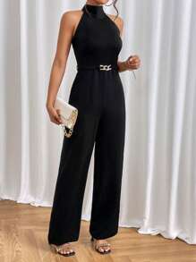 SHEIN Privé 素色繞頸露背連身褲 - 黑色 - 查看 5