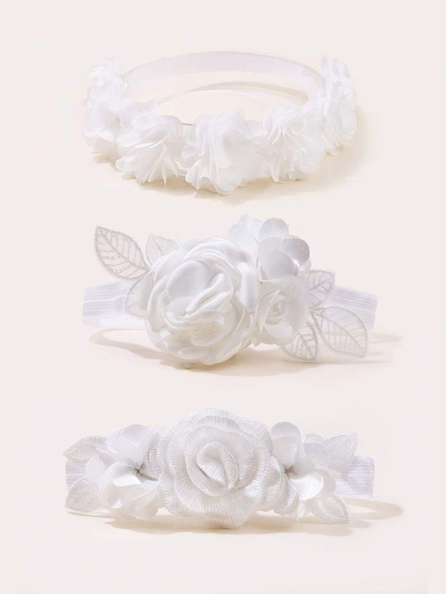 3pcs Baby Flower Decor Elastic Polyester Hair Band Love Valentine - White - View 1