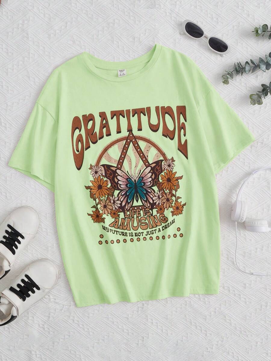 SHEIN Teen Girls Butterfly & Letter Graphic Drop Shoulder Tee - Lime Green - View 1