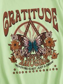 SHEIN Teen Girls Butterfly & Letter Graphic Drop Shoulder Tee - Lime Green - View 3