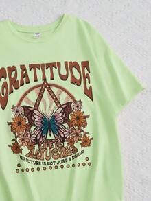 SHEIN Teen Girls Butterfly & Letter Graphic Drop Shoulder Tee - Lime Green - View 4