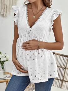 SHEIN 孕婦網眼刺繡荷葉邊T恤 - 白色 - 查看 3