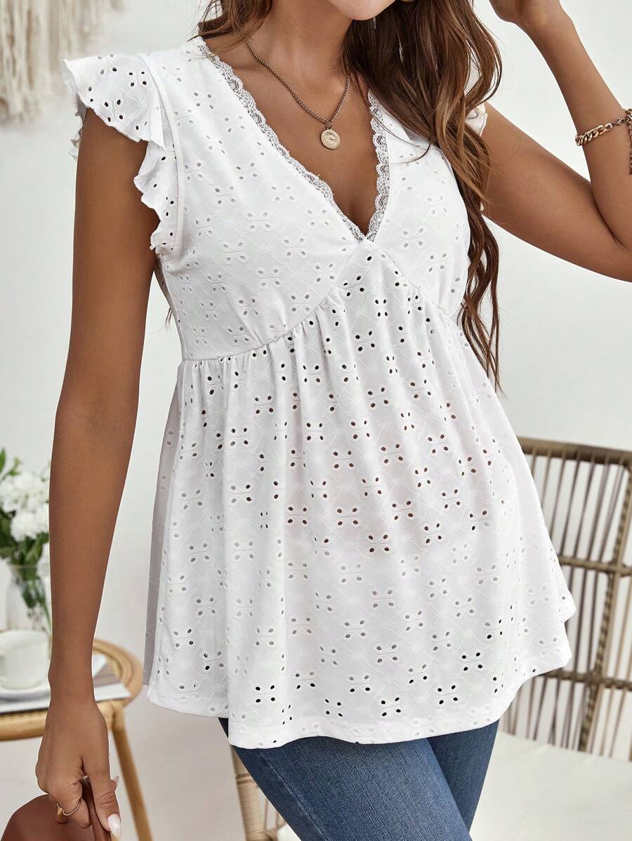 SHEIN 孕婦網眼刺繡荷葉邊T恤 - 白色 - 查看 1