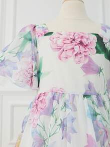 SHEIN 女童印花雪紡方領A字束腰正裝洋裝 - 彩色 - 查看 3