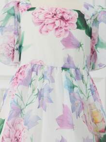 SHEIN 女童印花雪紡方領A字束腰正裝洋裝 - 彩色 - 查看 4