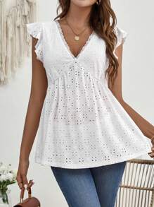 SHEIN 孕婦網眼刺繡荷葉邊T恤 - 白色 - 查看 6