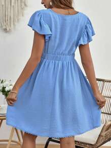 SHEIN 孕婦圓點蝴蝶袖凸花蕾絲細節連衣裙 - 藍色 - 查看 2