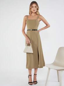BizChic 素色高衩吊帶洋裝不附腰帶工作服 - 卡其色 - 查看 1