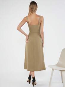 BizChic 素色高衩吊帶洋裝不附腰帶工作服 - 卡其色 - 查看 2