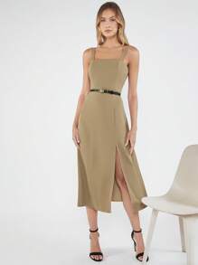 BizChic 素色高衩吊帶洋裝不附腰帶工作服 - 卡其色 - 查看 6