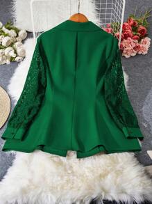 SHEIN LUNE 大碼蕾絲拼接單釦西裝外套 - 綠色 - 查看 2