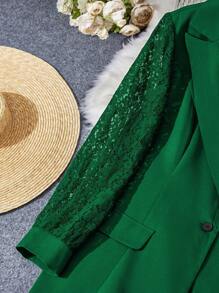 SHEIN LUNE 大碼蕾絲拼接單釦西裝外套 - 綠色 - 查看 4